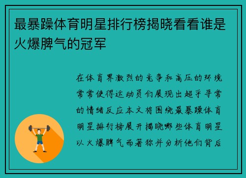 最暴躁体育明星排行榜揭晓看看谁是火爆脾气的冠军
